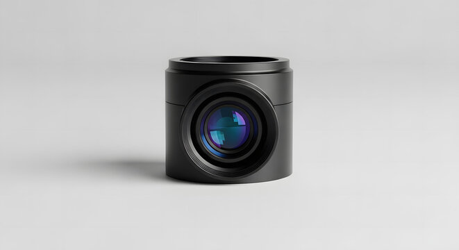 Professional black camera lens module with blue glass coating isolated on a white background, high-precision optical equipment for photography and digital imaging technology.