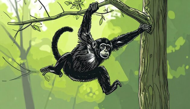 Energetic black spider monkey illustration swinging through a lush green jungle canopy reaching for a branch with dynamic motion.