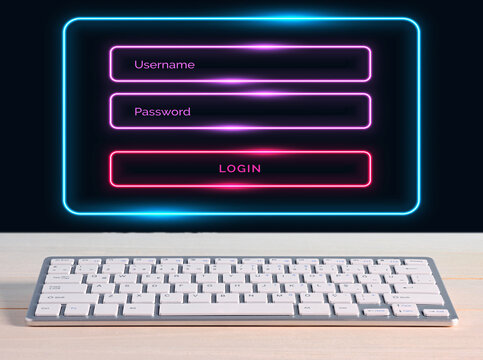 Login screen showing username and password fields with neon glow