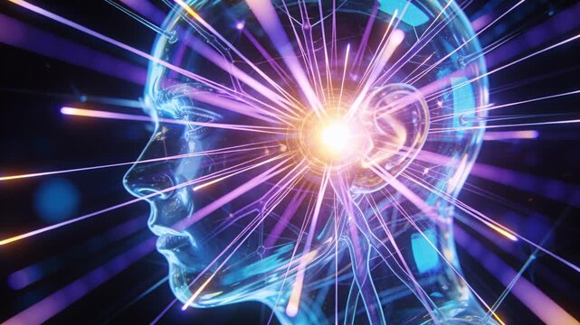 Pulsing core by ear causing glassy head emitting neon filaments in dark void, activating circuitry