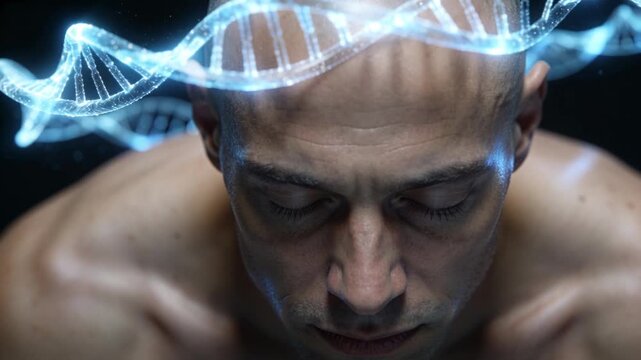 Sliding DNA hologram causing shirtless bald man staying bowed in studio, blue rim lighting pulsing