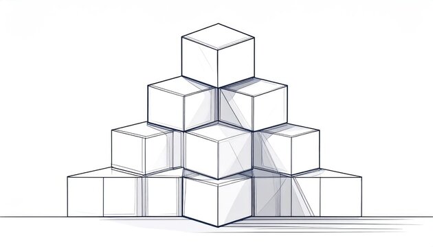 Geometric pyramid of nine stacked cubes in minimalist sketchy line art illustration on a clean white background symbolizing structure
