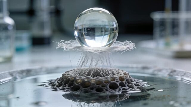 Liquid settling causing thin fibers tensing under clear glass sphere on lab bench with porous mound