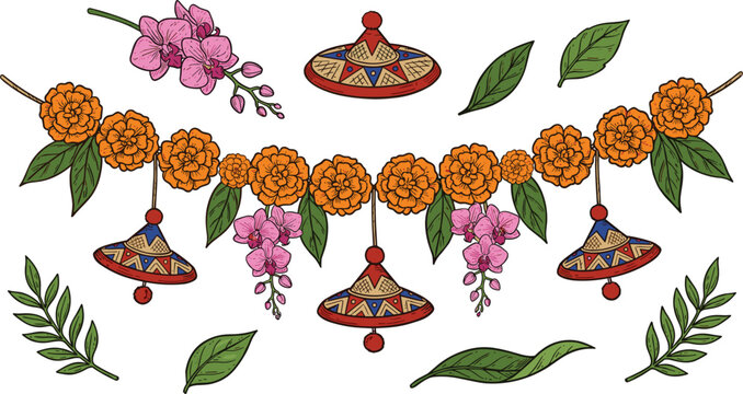 Assamese Bihu festival decoration vector set with japi hat orchid and toranAssamese Bihu festival decoration vector set with japi hat orchid and toran