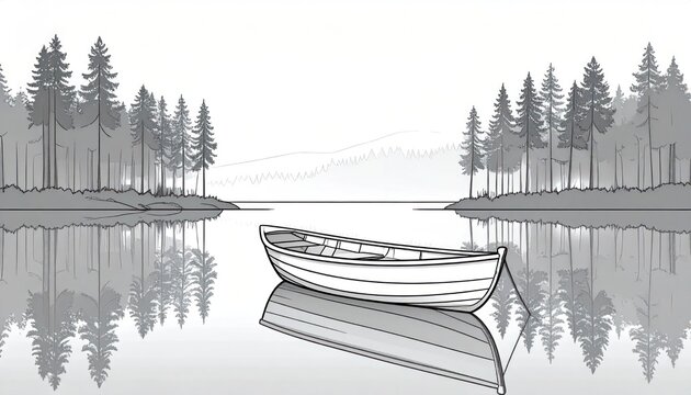 Grayscale vector illustration of a peaceful rowboat floating on a calm lake with pine forest reflections under a serene sky.