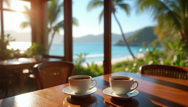 Two cups of coffee sit on a wooden table inside a room with a view of a tropical beach and ocean. Palm trees frame the sunny coastal scene, suggesting a relaxed morning.