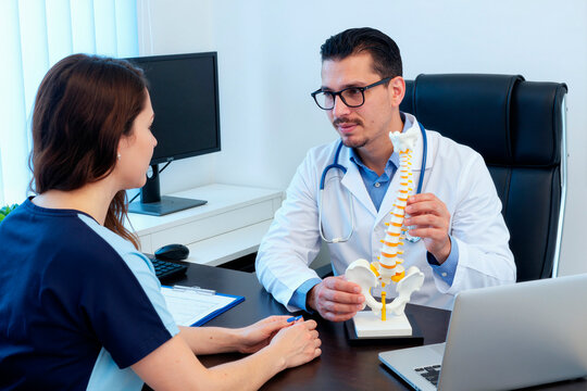 Caucasian male doctor explaining spine model to young adult woman during consultation, discussing back pain treatment and diagnosis. Useful for healthcare, orthopedics, rehab marketing