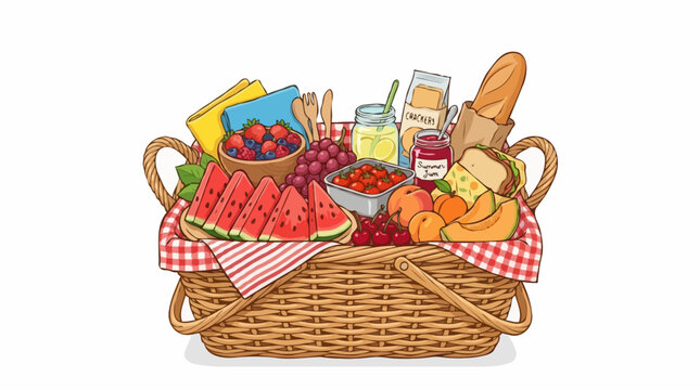 A wicker picnic basket overflowing with delicious food and drinks. It's perfect for a fun day outdoors