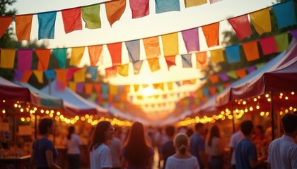 Naklejka premium Multicolored bunting flags hang over a busy street market with stalls and lights. People walk through the festive outdoor area enjoying a community gathering and food stalls during sunset.