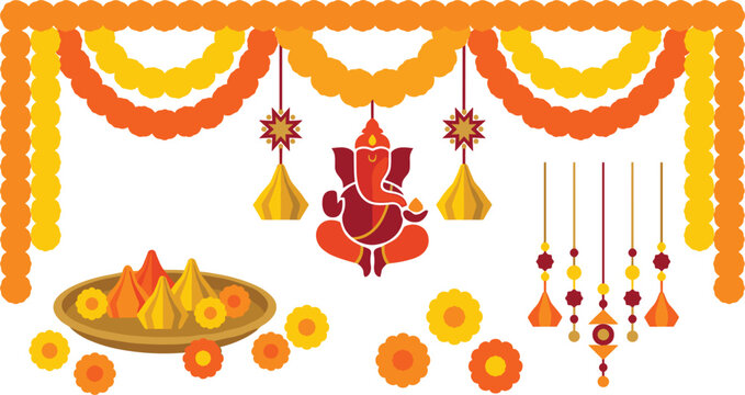 Ganesh Chaturthi festival decoration flat vector set with ganesha modak and garlandsGanesh Chaturthi festival decoration flat vector set with ganesha modak and garlands
