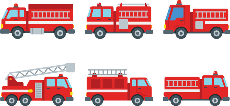 Fire truck vector icon set collection with flat design red emergency rescue engines and ladders isolated on white background for kids