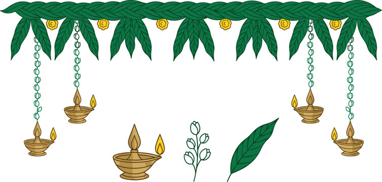 Traditional mango leaves toran decoration vector set with hanging brass diya lampsTraditional mango leaves toran decoration vector set with hanging brass diya lamps