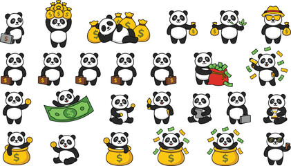 Cute panda character mascot vector set collection holding money cash dollar bags and briefcase isolated on white background for business financial © Mifta