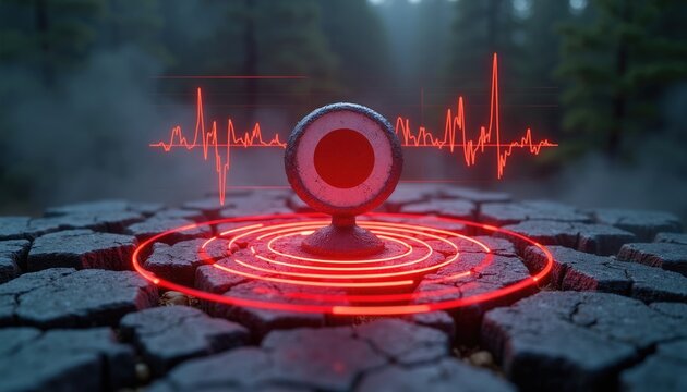Abstract earthquake marker visualizes seismic waves on cracked ground. Red alert rings and graph show danger zone. Tectonic activity simulation alerts for disaster.