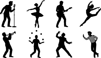 Performing arts silhouettes vector set with singers musicians dancers jugglers and mime theater artists © fulbabu