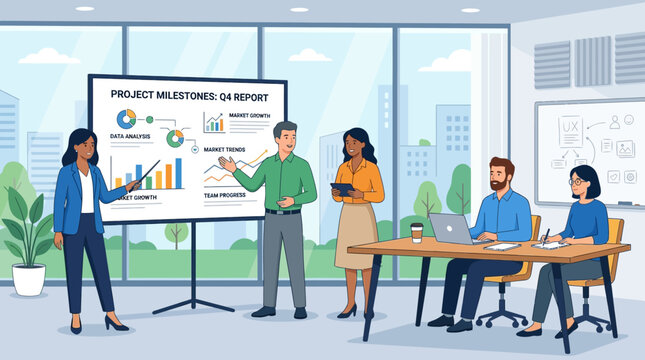 Business team presentation, project report, office meeting