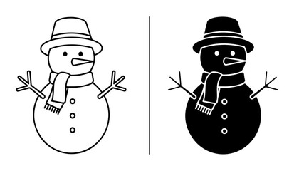 Snowman Duo: A striking comparison of two snowman figures, one in outline and the other as a silhouette, both adorned with hats and scarves, presented side-by-side for a clear visual contrast. © iconstore