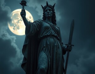 Fototapeta premium Statue of goddess Hecate holds torch and sword under full moon sky. Mythological figure stands in dark night, symbolic powerful ancient deity. Symbol of magic witchcraft crossroads.