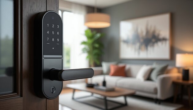 Modern digital door lock with keypad and handle on entryway. Interior of stylish living room with sofa and art visible. Keyless entry for secure home access.