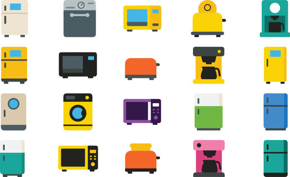 Kitchen appliances vector icon set collection with flat design refrigerator microwave toaster coffee maker washing machine isolated on white background for web