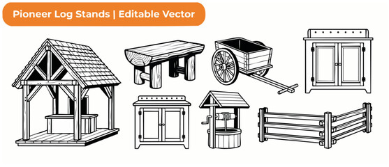 Obraz premium Rustic wooden pioneer furniture set featuring log cabin shelter, vintage wagon cart, water well, fence, and cabinets in black and white line art vector icon illustration for vintage farm design.