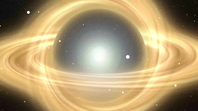 Black hole with a golden accretion disk against starry sky. Astronomical black hole with a golden accretion disk for astronomy lessons. Cosmic black hole visualization.