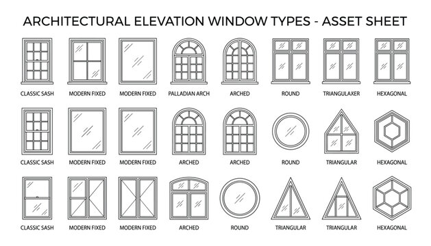Architectural window types asset sheet with various styles and shapes, classic sash to modern fixed and arched, vector illustration on transparent background.