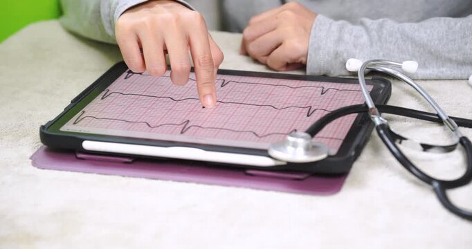 Close-up of a digital tablet displaying an electrocardiogram beside a stethoscope during personal health monitoring. ECG analysis, heart health, digital healthcare, preventive medicine, telemedicine, 