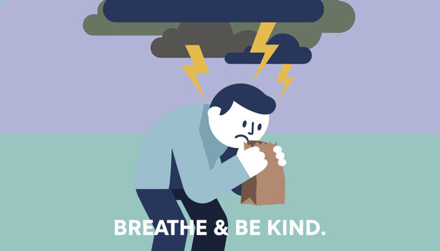 Stressed man breathing into a brown paper bag under dark storm clouds to control his panic attack and anxiety.