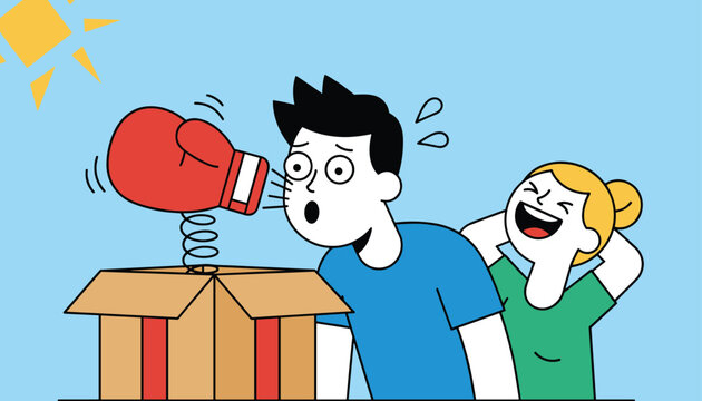 Young man getting startled by a red boxing glove popping out of a prank box while a mischievous woman laughs behind him.