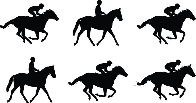 Horse racing jockey silhouette vector set with galloping stallions and equestrian riders isolated on white background for derby sports design