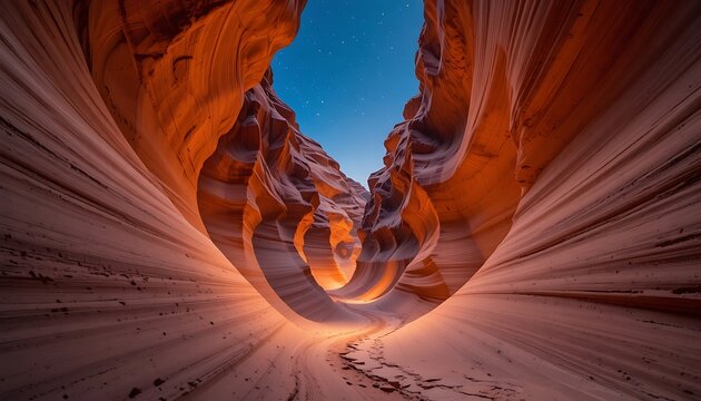 Stunning red sandstone rock formation in a deep desert canyon under a bright blue sky. slot canyon walls