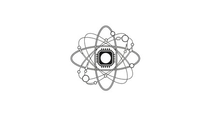 Central processor chip icon with atomic electron orbit lines. © hawok