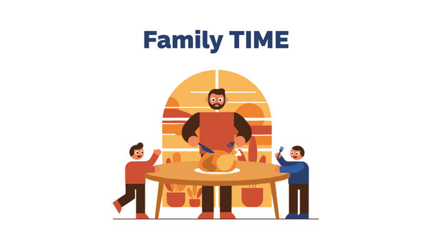 Loving father carving a roasted turkey at the dining table with his two excited young kids during a cozy family dinner.