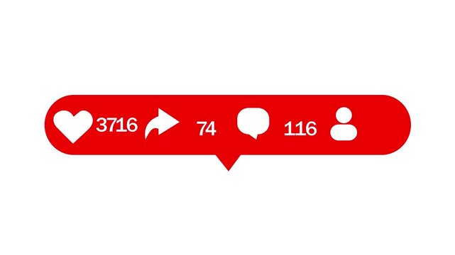 animated social media notification icons with numbers for likes shares comments and followers on white background. animation 4k video