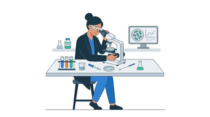Naklejka premium Scientist analyzing sample under microscope in laboratory illustration