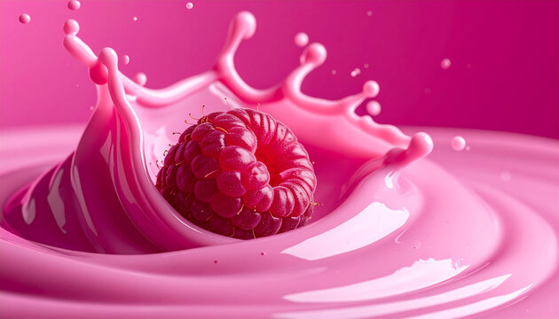 Abstrakte Studio-Makroaufnahme einer frischen Himbeere, die in cremige dunkelrosa Himbeercreme eintaucht, flie&szlig;ende Welle, monochrome Magenta-Farbpalette, einfarbiger magenta Hintergrund