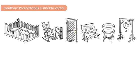 Obraz premium Southern porch stand vector set featuring rustic line art furniture, wooden rocking chair, screen door, wash tub, and scale for traditional country farmhouse backyard home decor design layouts pack.