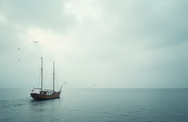 Fototapeta premium Wooden sailing ship glides on calm blue sea under cloudy sky. Seagulls fly above tranquil ocean waters near horizon. Nautical vessel travels alone on quiet water.