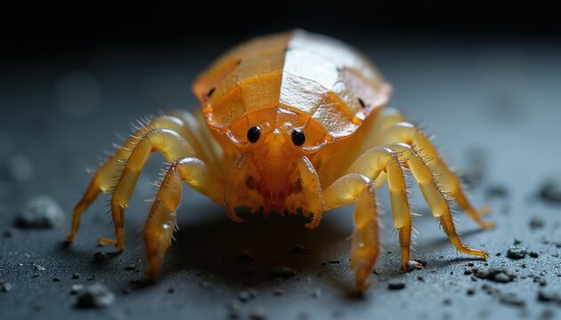 Tiny orange crab louse shown in extreme close-up. Its translucent segmented body and hairy legs are visible. The small creature crawls on dark textured ground with small pebbles scattered around it.