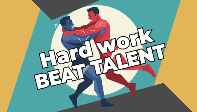 Two competitive athletes engaged in a wrestling match with the motivational text hard work beat talent in bold fonts.