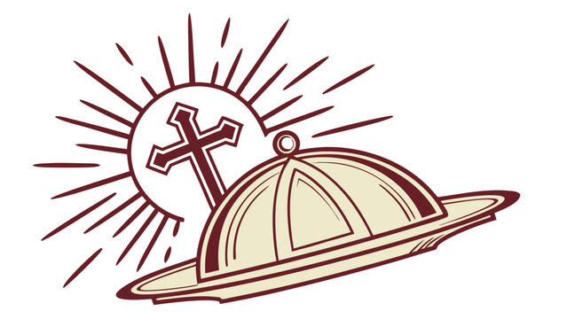 Christian cross above church dome with radiant sunburst, faith, religion, worship, spiritual flat vector illustration