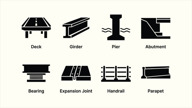Modern solid black bridge engineering construction component icon set vector collection