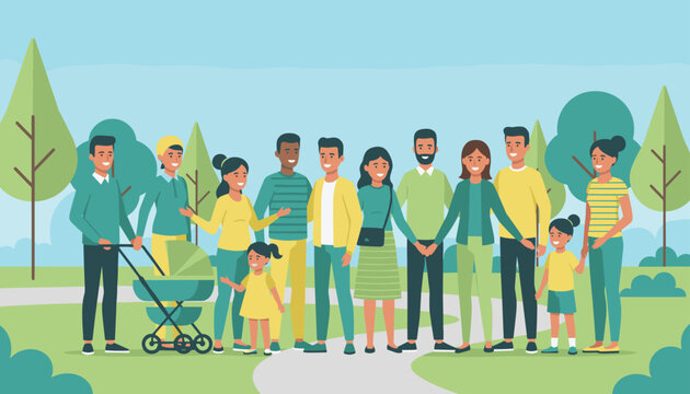 Happy diverse multi-generation family with children and a baby in a stroller gathering together in a public park.