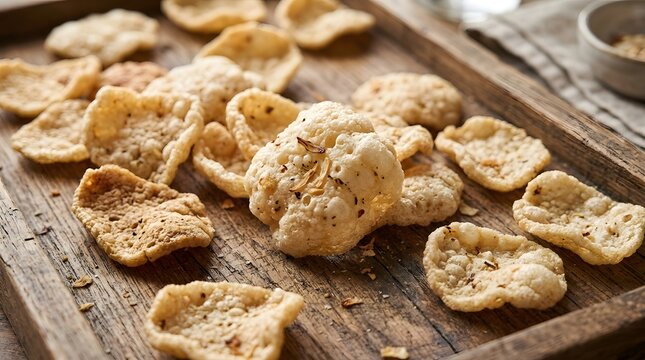Crispy Indonesian Kerupuk, a Traditional Snack with Fragrant Spices, Served on a Rustic Wooden Tray.