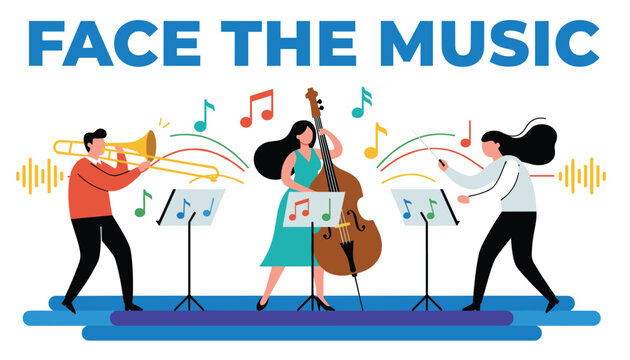 Orchestra musicians playing trombone and double bass while a female conductor leads them under face the music text.
