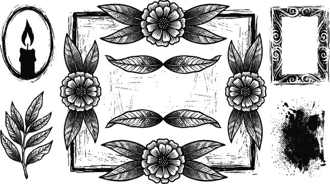 Vintage linocut floral frame vector set with marigold flowers candle and textureVintage linocut floral frame vector set with marigold flowers candle and texture