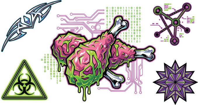 Cyberpunk biohazard toxic chicken drumsticks matrix code abstract sci-fi vector setCyberpunk biohazard toxic chicken drumsticks matrix code abstract sci-fi vector set