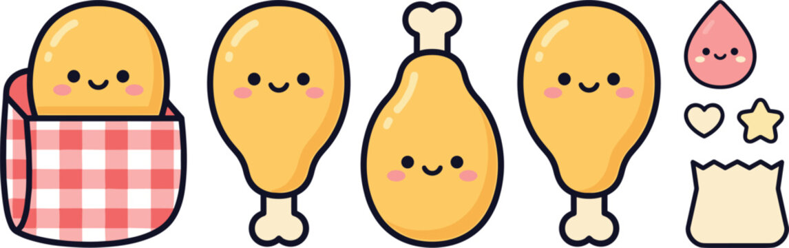 Cute kawaii fried chicken drumstick cartoon characters vector asset sticker setCute kawaii fried chicken drumstick cartoon characters vector asset sticker set