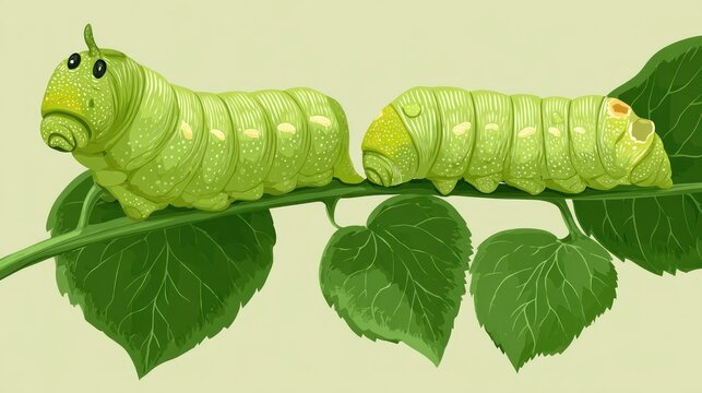 Two plump green insect larvae rest upon a leafy branch in a simple illustration